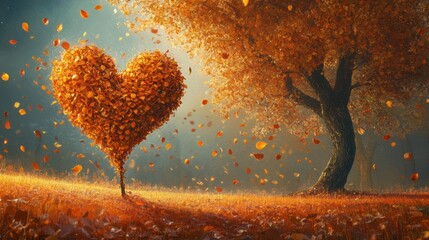 Heart shaped tree with autumn leaves and natural landscape illustration