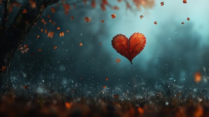 Floating heart shape leaf in a mystical forest conceptual illustration