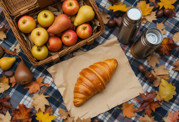 Flat lay fall picnic with apples, basket, thermos and colorful leaves.
