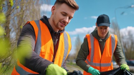 Fototapeta premium Two men in bright vests collecting litter in a park, with trees and a clear blue sky in the background