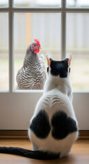 Witness a captivating moment as a black and white cat intently observes a chicken through a window. This image perfectly captures the curiosity and fascination of domestic pets with wildlife ...