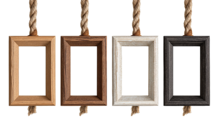 Decorative rope display with four varied wood frames, alternating orientations in oak, walnut, whitewashed, and black finish, isolated on transparent background.
