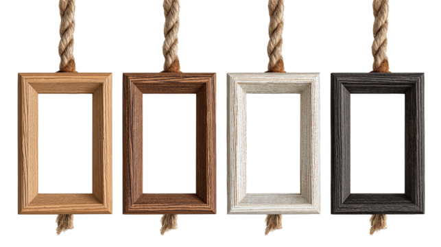 Decorative rope display with four varied wood frames, alternating orientations in oak, walnut, whitewashed, and black finish, isolated on transparent background.
