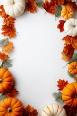 Obraz premium Autumnal arrangement featuring pumpkins, gourds, and colorful fall leaves, creating a festive border.