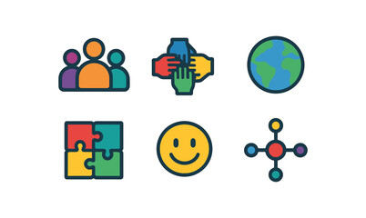 Diverse icons collection featuring unity, community, and environmental themes for modern graphic design