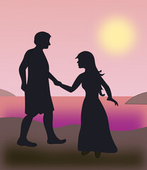 Silhouettes of a man and a woman meeting by the sea at sunset
