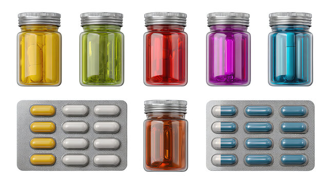 Collection of vitamin bottles and blister packs, ten items in total with simple abstract labeling, evenly spaced in grid, isolated on transparent background.
