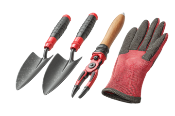 Gardening hand tools set including trowel, transplanter, pruner, and knit glove, arranged in a fan layout with rubberized grips, isolated on transparent background.
