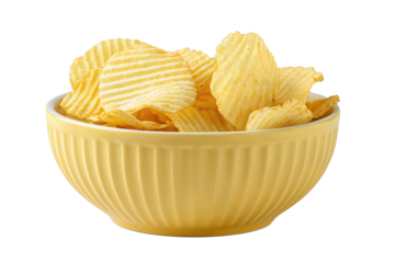 Bowl of potato crisps with ridged texture, butter-yellow color and visible broken chips, ceramic dishware, isolated on transparent background.
