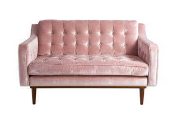 Blush velvet loveseat featuring tufted backrest, oak wood legs, and subtle seam accents on cushion, isolated on transparent background.
