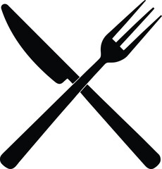Black and white crossed knife and fork icon for dining or food