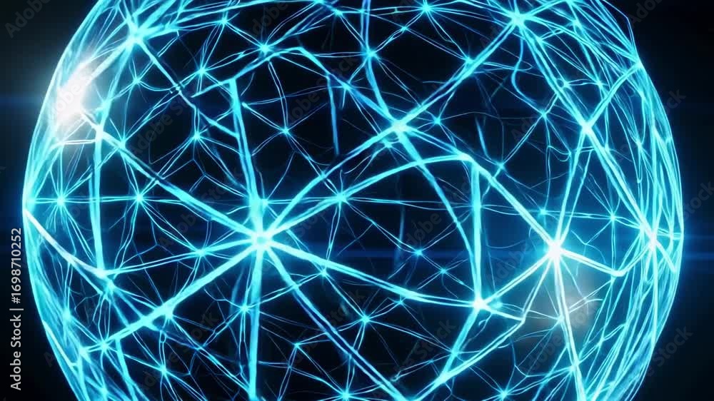 Poster dynamic glowing blue neural network sphere pulsates with energy against starry cosmic backdrop