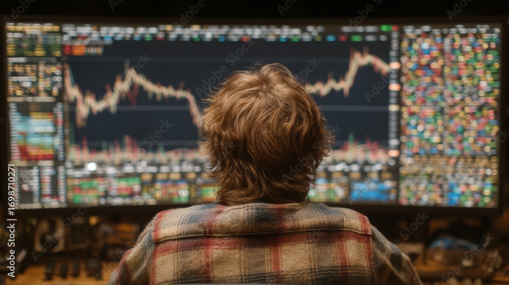 Poster person analyzing stock market data displayed on multiple monitors