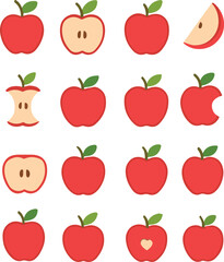 Red Apple Vector Set – Cute Flat Design Icons for Healthy Eating, Kids’ Nutrition, and Food Packaging