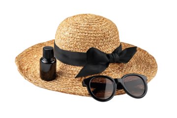 Diagonal arrangement of straw sunhat, sunglasses, and SPF bottle, warm-weather essentials for beach outing, isolated on transparent background.
