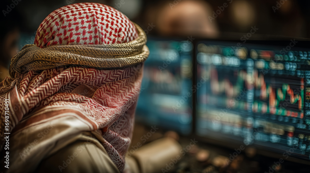 Poster middle eastern trader analyzes stock market data on multiple screens