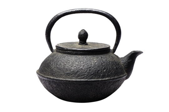 Silhouette of a traditional cast-iron teapot, rounded body with pronounced spout and lid knob, graphic thick line style, isolated on transparent background.
