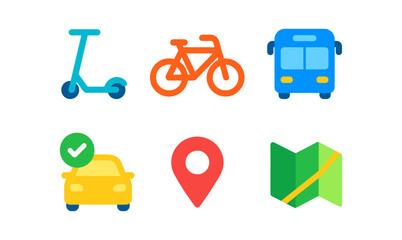 Urban mobility icons set featuring scooter, bicycle, bus, car, location, and map for design projects