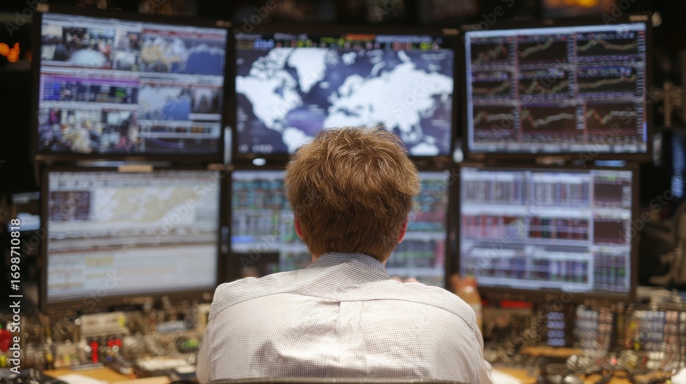 Poster professional analyzing stock market data on multiple computer monitors in an office