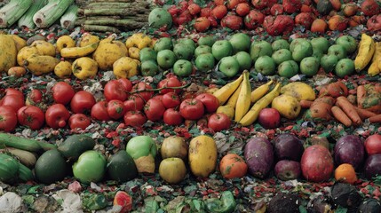 rows of discarded fruits and vegetables highlighting the pressing issue of global food waste and agricultural surplus