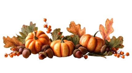 Seasonal fall arrangement featuring seven small pumpkins, acorns, and autumn foliage with berries in crescent layout, isolated on transparent background.
