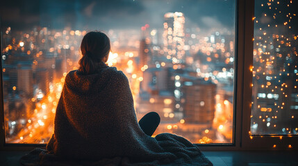 Lonely woman sitting on window sill with blanket, looking at city lights during New Year night