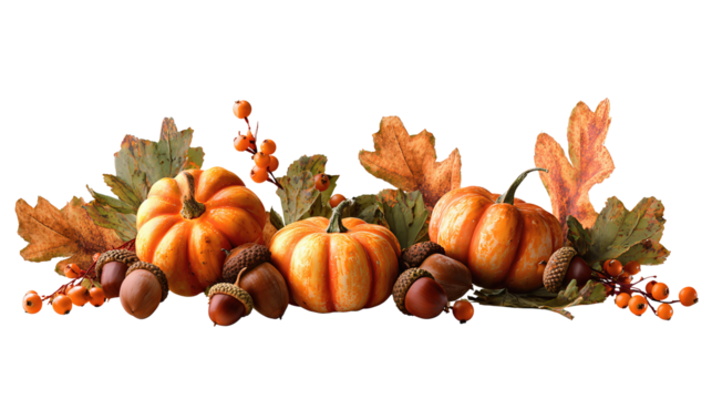 Seasonal fall arrangement featuring seven small pumpkins, acorns, and autumn foliage with berries in crescent layout, isolated on transparent background.
