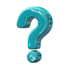 Fototapeta premium Teal question mark with beveled edges, glossy highlights, thick stem and rounded dot, slightly rotated, isolated on transparent background. 