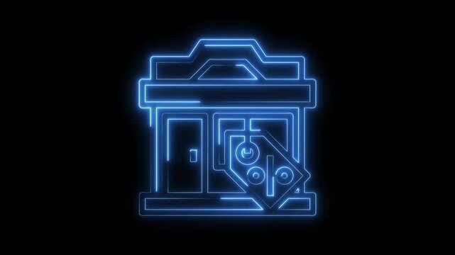 Glowing blue neon storefront sign with discount tag against black background animation