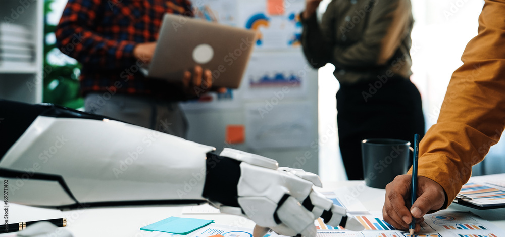 Poster a dynamic office scene featuring a robot arm and human hands collaborating on project planning, high
