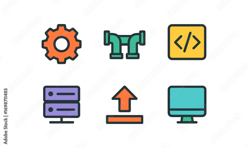 Aufkleber essential devops tools icons for software development and automation design