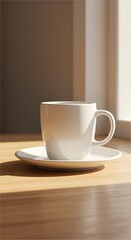 White coffee cup on saucer, sunlight, wooden table.