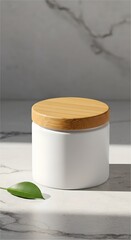 White Ceramic Jar with Wooden Lid.