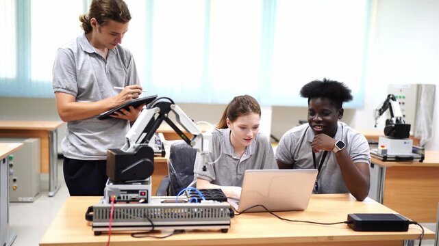 Robotics in Education: Three young students engage in a hands-on robotics project, working collaboratively around a laptop and a robotic arm in a modern classroom setting.