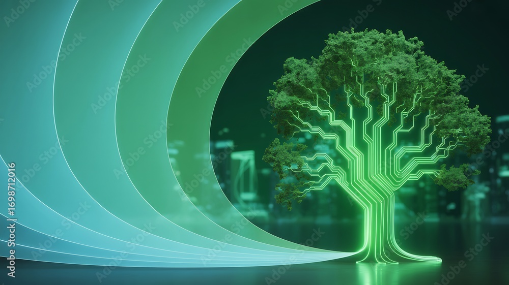 Aufkleber a glowing circuit board tree symbolizing the connection between nature and technology
