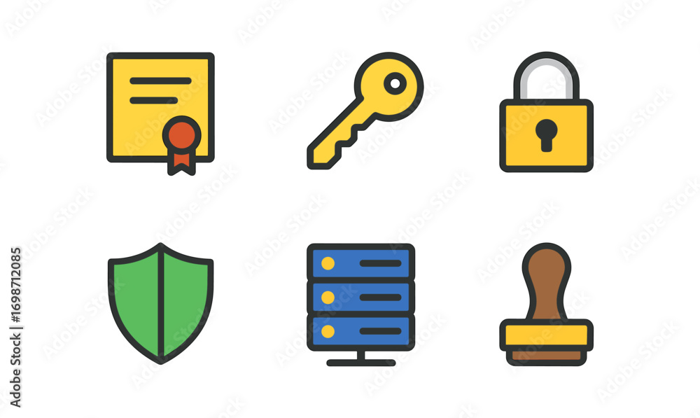 Aufkleber security and authentication icon set for digital design and network systems