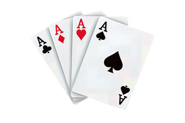 Four playing cards fanned with aces of spades, hearts, diamonds, and clubs, bold pips and black backs, slight perspective, isolated on transparent background.
