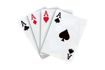 Four playing cards fanned with aces of spades, hearts, diamonds, and clubs, bold pips and black backs, slight perspective, isolated on transparent background.
