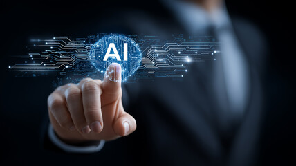 Finger pressing a digital AI interface, symbolizing artificial intelligence activation, human machine interaction and intelligent automation
