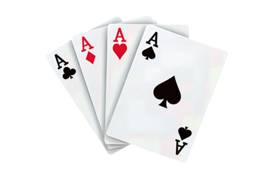 Four playing cards fanned with aces of spades, hearts, diamonds, and clubs, bold pips and black backs, slight perspective, isolated on transparent background.
