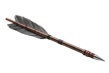 Hunting arrow with feathered gray fletching, broadhead point and polished dark shaft, isolated on transparent background.