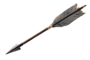 Traditional arrow design featuring dark wood shaft, broadhead metal tip and gray feather fletching, isolated on transparent background.

