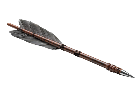 Hunting arrow with feathered gray fletching, broadhead point and polished dark shaft, isolated on transparent background.