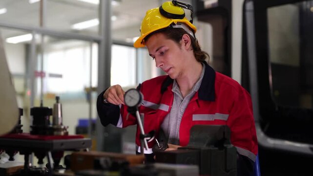 Precision Measurement: A diligent worker in a hard hat meticulously uses a dial indicator to measure a component in a factory setting, showcasing industrial precision and skilled craftsmanship.