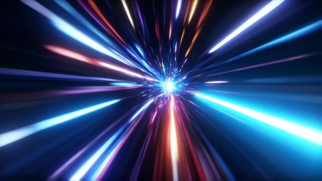 Vibrant, neon-hued, radial lines converging to a central point in a dark space