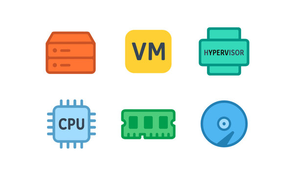 Modern virtualization icon set featuring cpu, ram, vm, hypervisor, server, and hard drive for technology design