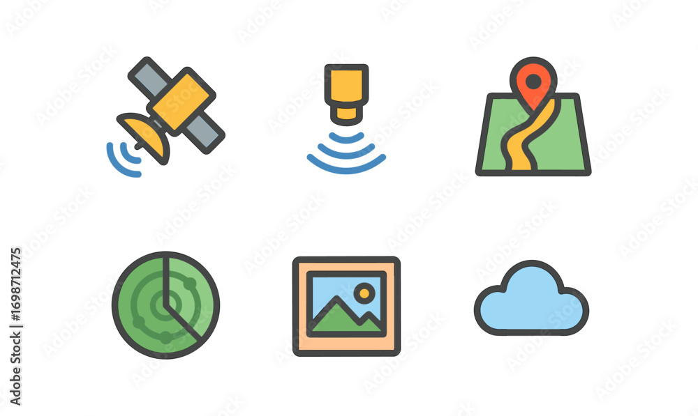 Poster remote sensing icons collection for navigation and mapping design