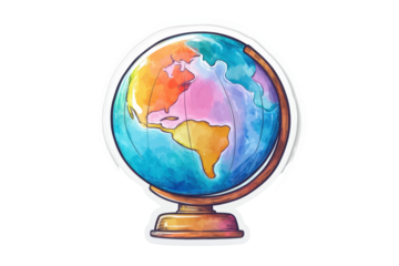Colorful illustration of world globe showing North America, South America, and parts of Europe for geography class