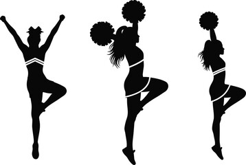 cheerleaders performing various poses silhouette on transparent background