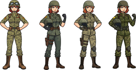 Cartoon vector illustration of female soldier characters in military uniform with helmet, gloves, boots, and camouflage outfit for defense design.